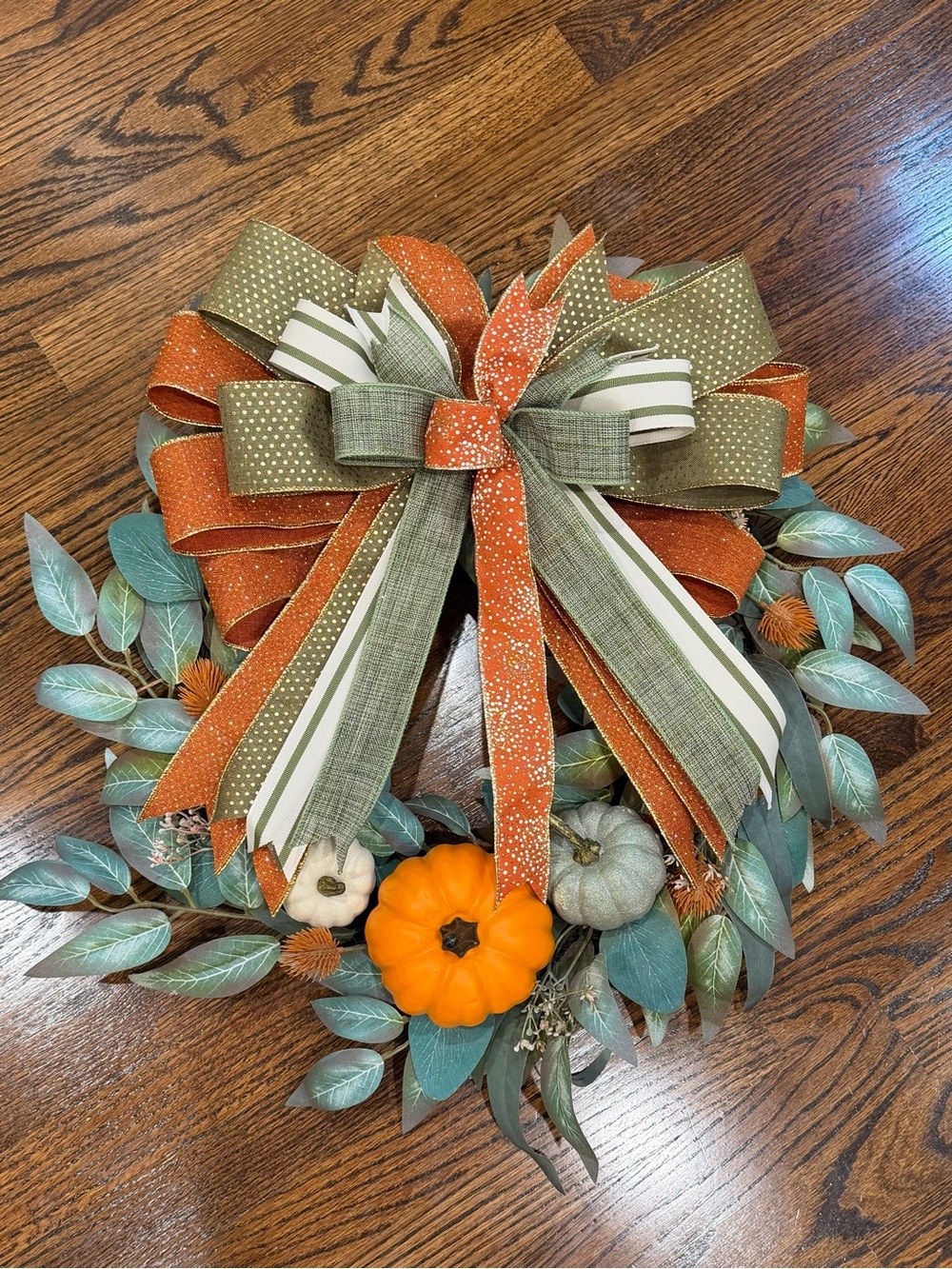 Autumn Pumpkin Wreath with Orange and Sage Bow - Home Holiday